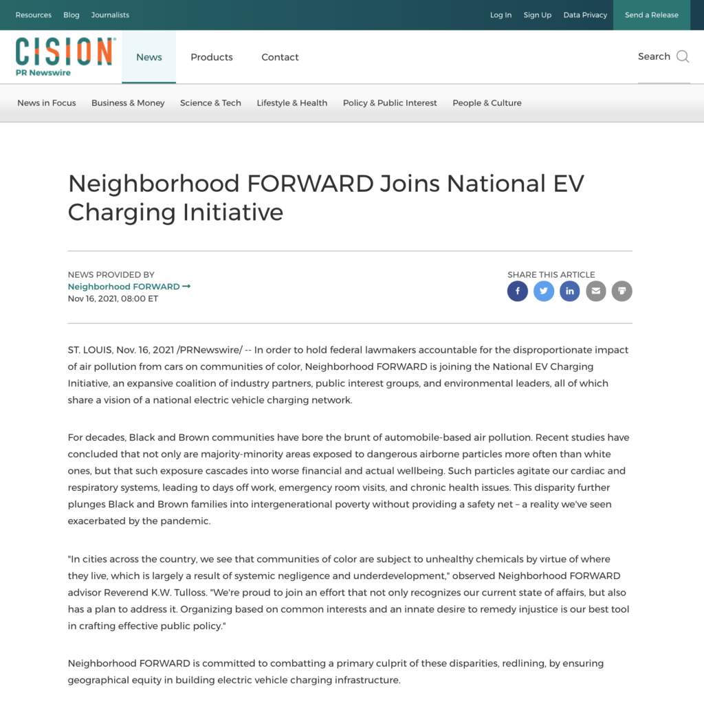 Neighborhood FORWARD Joins National EV Charging Initiative